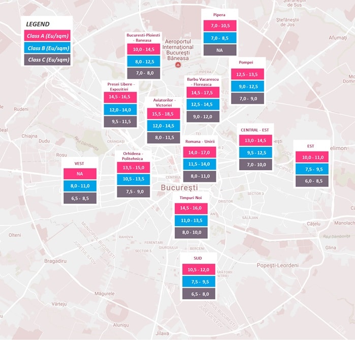 rent levels for office spaces in Bucharest 2019