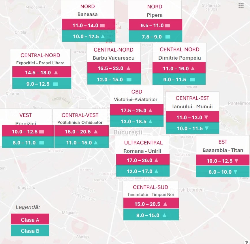 harta chiriilor de spatii de Birouri pe zone, in Bucuresti